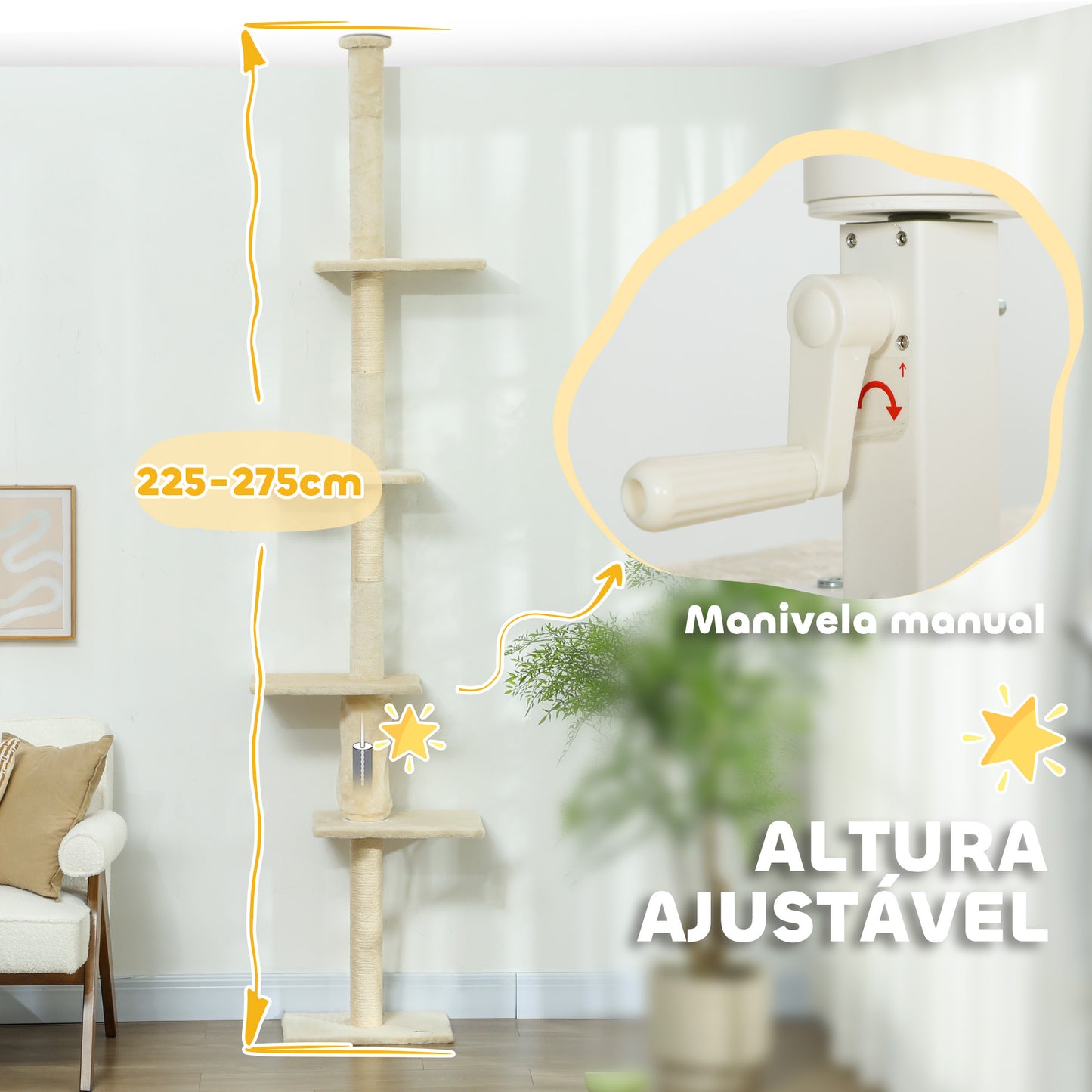 PawHut Arranhador para Gatos do Chão ao Teto 225-275 cm Arranhador para Gatos Torre para Gatos com Múltiplas Plataformas Sistema Anti-Tombo Creme