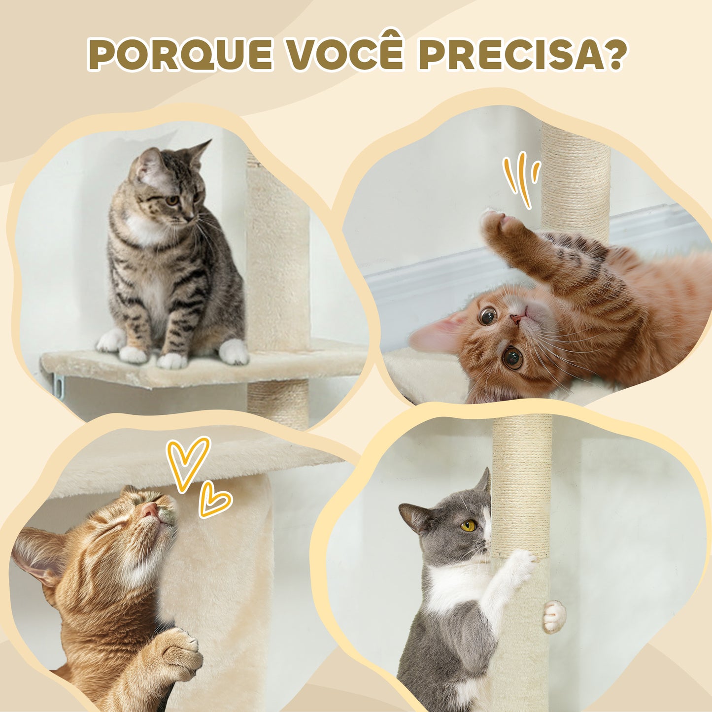 PawHut Arranhador para Gatos do Chão ao Teto 225-275 cm Arranhador para Gatos Torre para Gatos com Múltiplas Plataformas Sistema Anti-Tombo Creme