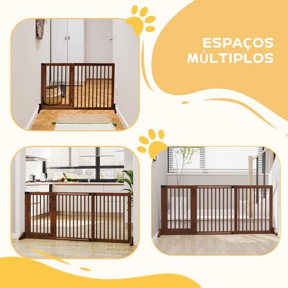 PawHut Barreira de Segurança Extensível para Cães Grade de Proteção para Escadas e Portas 113-166cm 3 Peças com Estrutura de Madeira e Suporte de Pé 113-166x36x71 cm Marrom