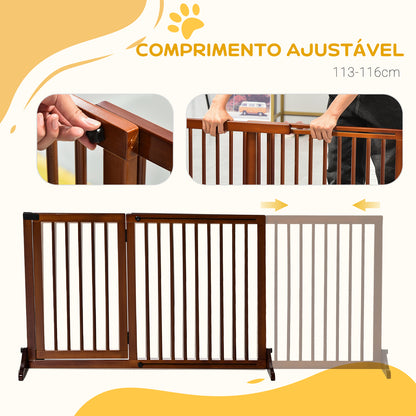 PawHut Barreira de Segurança Extensível para Cães Grade de Proteção para Escadas e Portas 113-166cm 3 Peças com Estrutura de Madeira e Suporte de Pé 113-166x36x71 cm Marrom