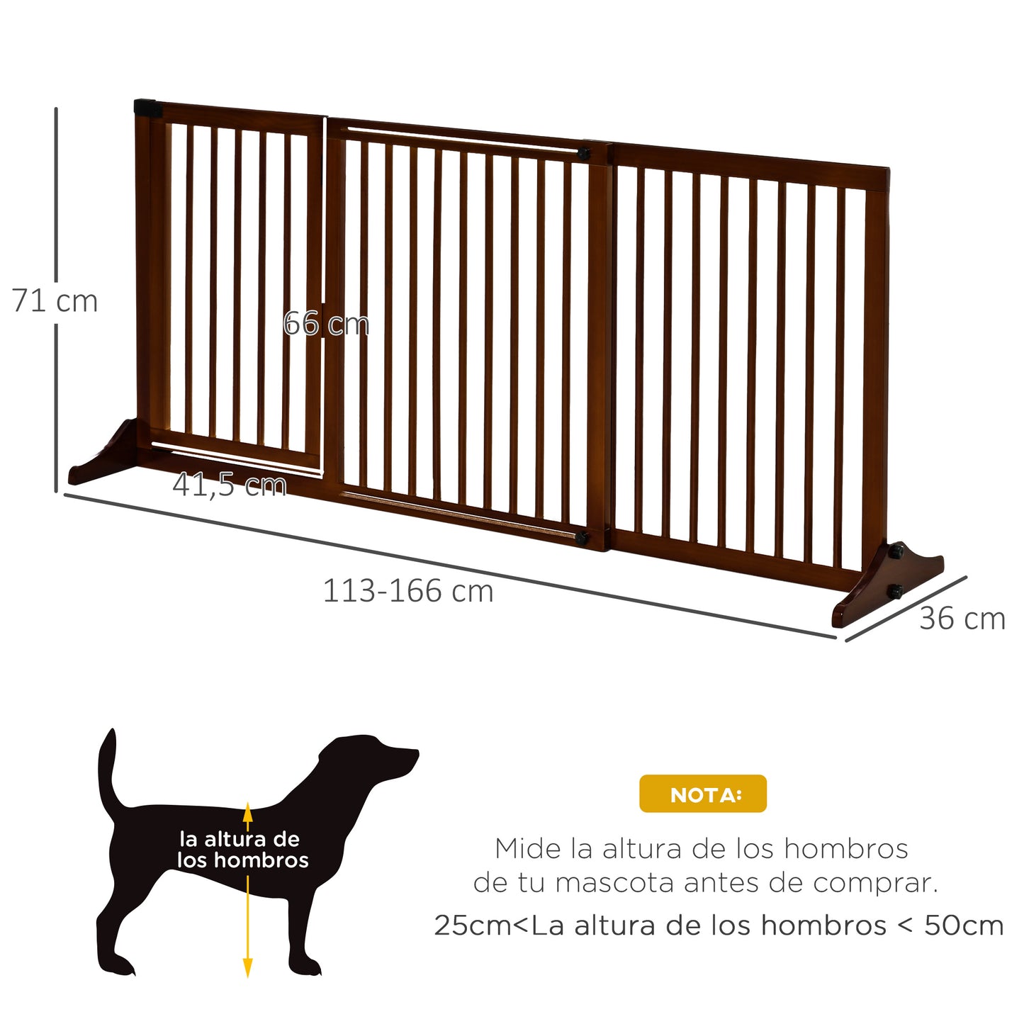 PawHut Barreira de Segurança Extensível para Cães Grade de Proteção para Escadas e Portas 113-166cm 3 Peças com Estrutura de Madeira e Suporte de Pé 113-166x36x71 cm Marrom