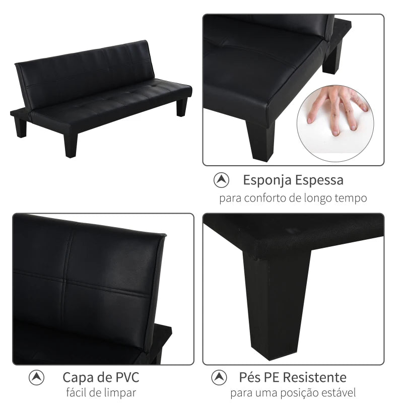 Sofá Cama Santarém em Couro Artificial - Preto - Design Moderno