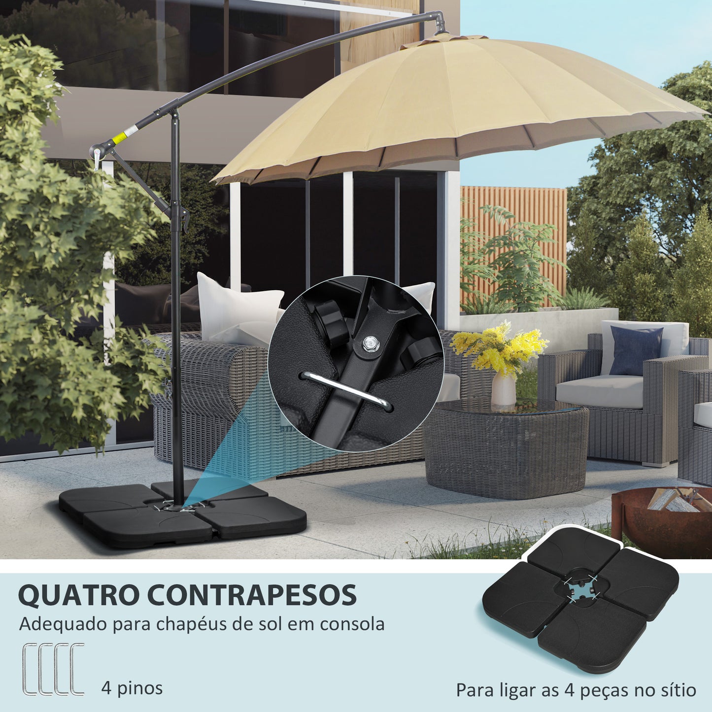 Outsunny Conjunto de Pesos para Base de Chapéu de Sol de 4 Peças Base para Chapéu de Sol Quadrada Preenchível com 15 Litros de Água ou 19,5 kg de Areia para Base Cruzada Preto