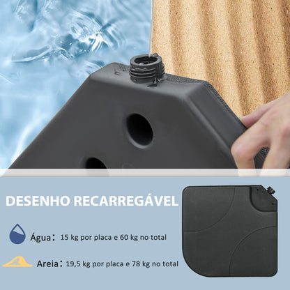 Outsunny Conjunto de Pesos para Base de Chapéu de Sol de 4 Peças Base para Chapéu de Sol Quadrada Preenchível com 15 Litros de Água ou 19,5 kg de Areia para Base Cruzada Preto