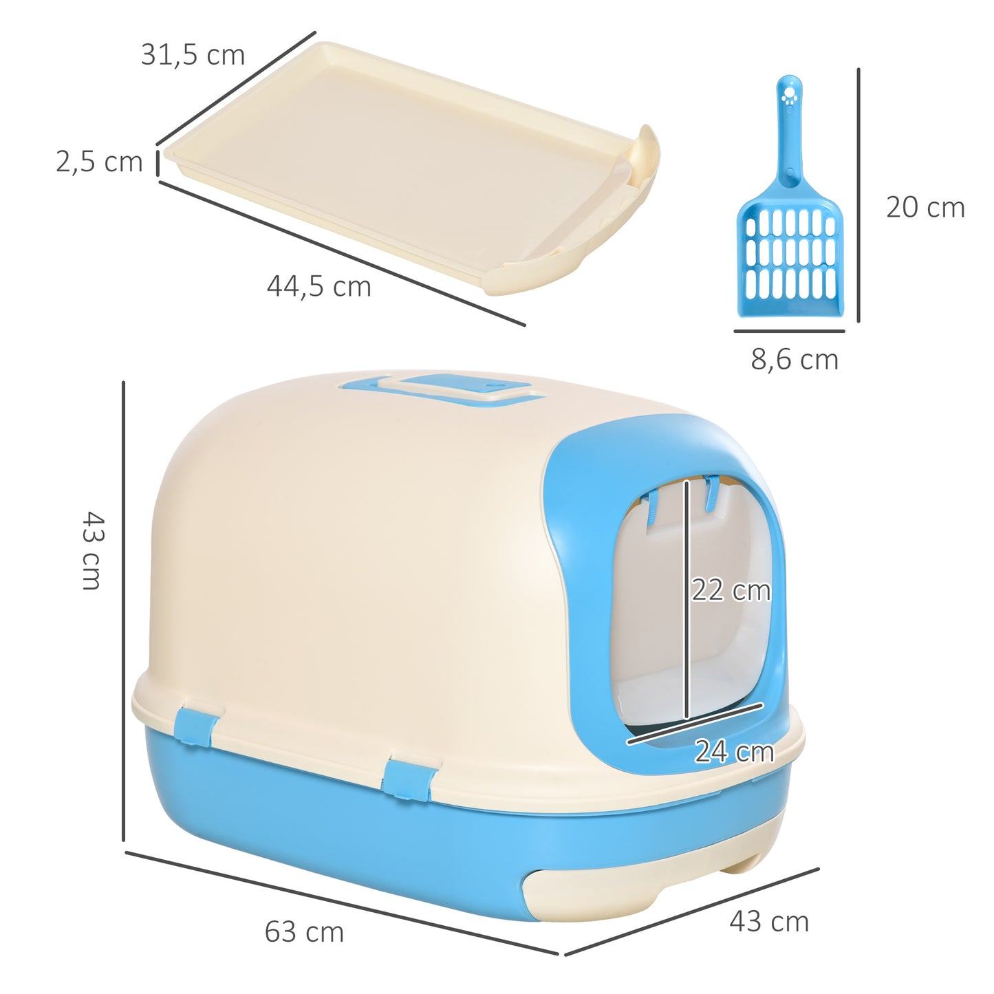 PawHut Caixa de Areia para Gatos com Alça de Transporte Duplo Fundo Bandeja Removível Pá e Filtro de Carvão Ativo 63x43x43cm Bege e Azul