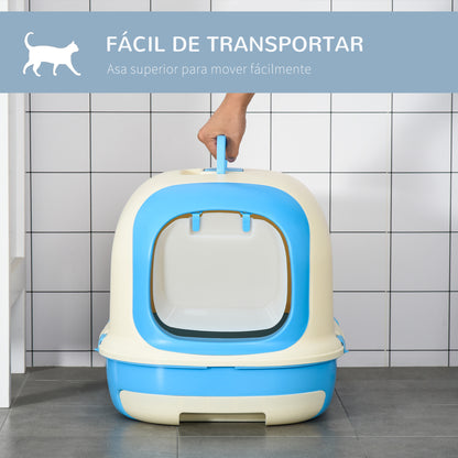 PawHut Caixa de Areia para Gatos com Alça de Transporte Duplo Fundo Bandeja Removível Pá e Filtro de Carvão Ativo 63x43x43cm Bege e Azul