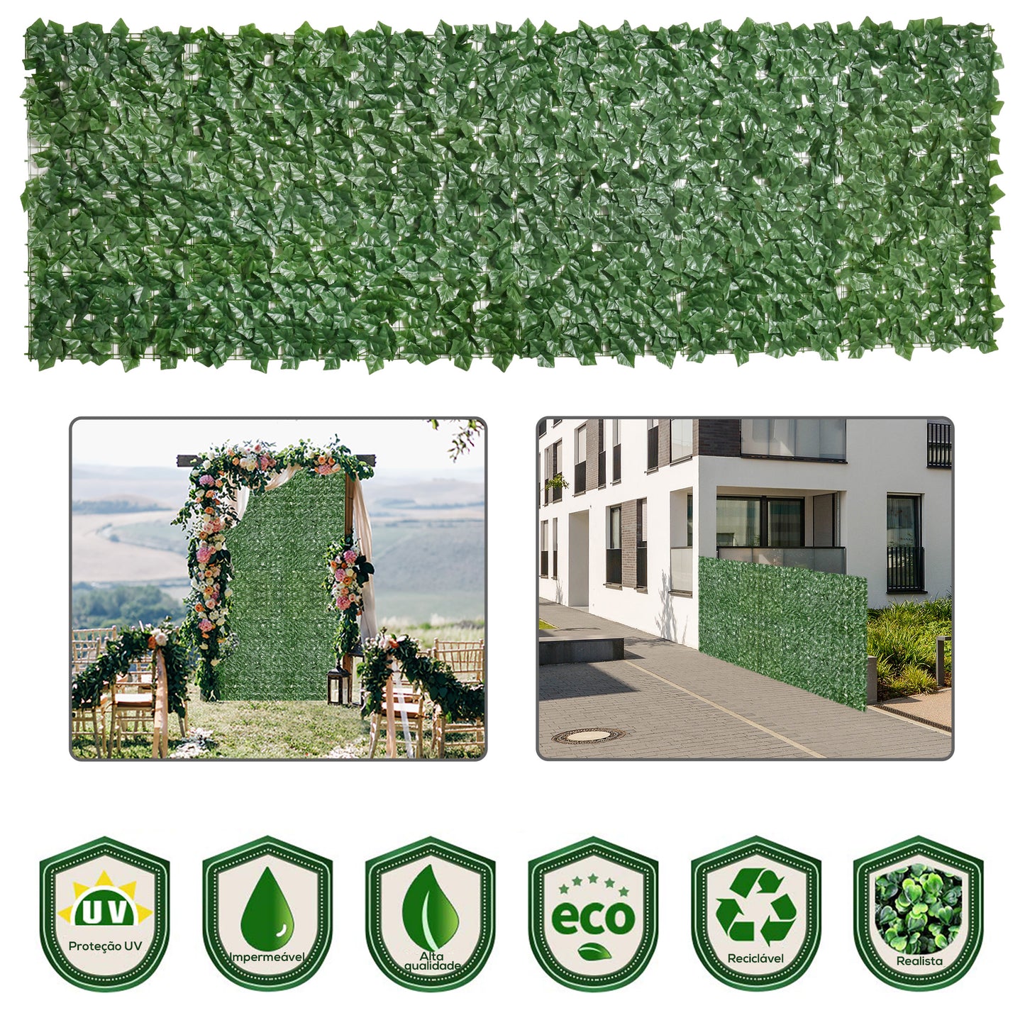 Outsunny Vedação Artificial em Rolo 3m Vedação de Privacidade para Balcão Jardim Exterior Planta Decorativa de Parede PE Verde