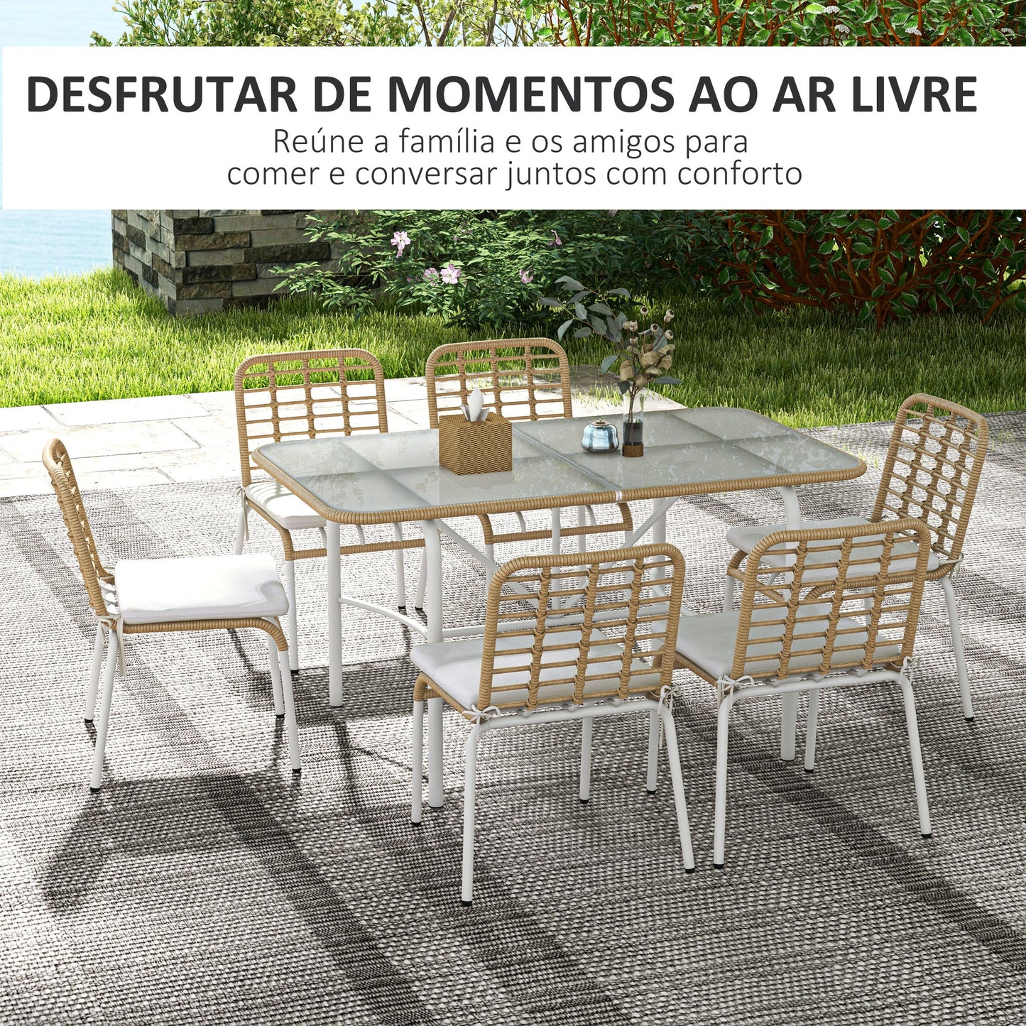 Outsunny Conjunto de Refeição de Vime Sintético Jogo de Móveis de Exterior de 7 Peças Inclui 6 Cadeiras Empilháveis com Almofadas e Mesa de Vidro Natural