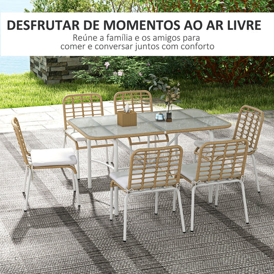 Outsunny Conjunto de Refeição de Vime Sintético Jogo de Móveis de Exterior de 7 Peças Inclui 6 Cadeiras Empilháveis com Almofadas e Mesa de Vidro Natural