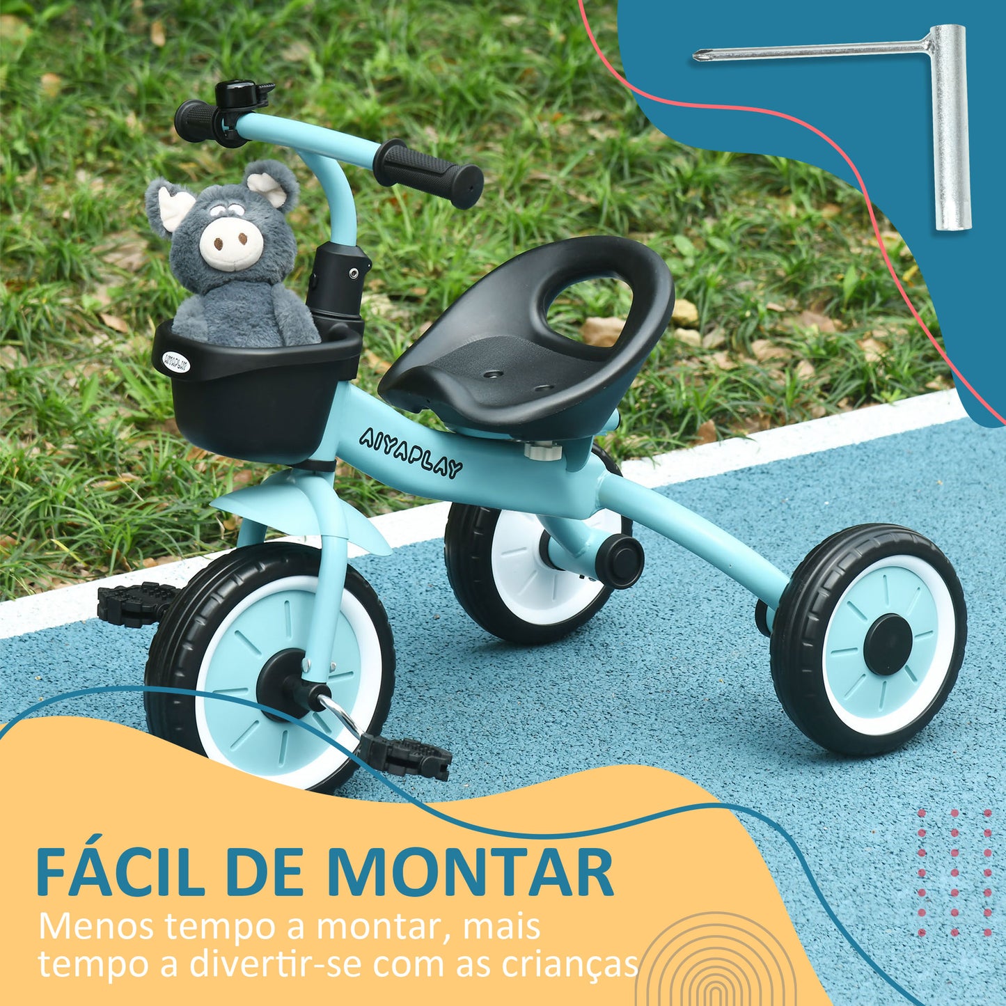 AIYAPLAY Triciclo para Crianças de 2 a 5 anos Triciclo Infantil com Assento Ajustável Cesta Buzina e Pedais e 3 Rodas Carga Máxima 25 kg 70,5x50x58 cm Azul