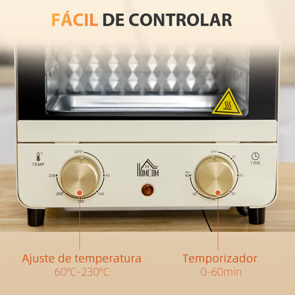 HOMCOM Mini Forno Elétrico 15 Litros 1000W Forno com Temperatura até 230°C Temporizador 60 Minutos Bandeja e Grade 25,5x27,5x32cm Creme