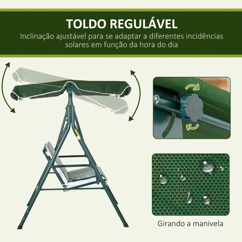 Baloiço de Jardim de 3 Lugares com Almofada e Toldo Ajustável - Verde e Branco