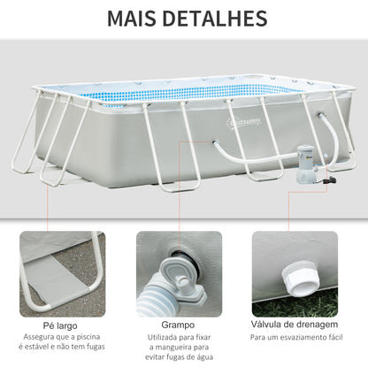 Outsunny Piscina Desmontável Tubular 340x215x80cm Piscina Retangular de Exterior com Purificador 4.000L/H Mangueiras de Comprimento 100cm e Estrutura de Aço 4200L Cinza