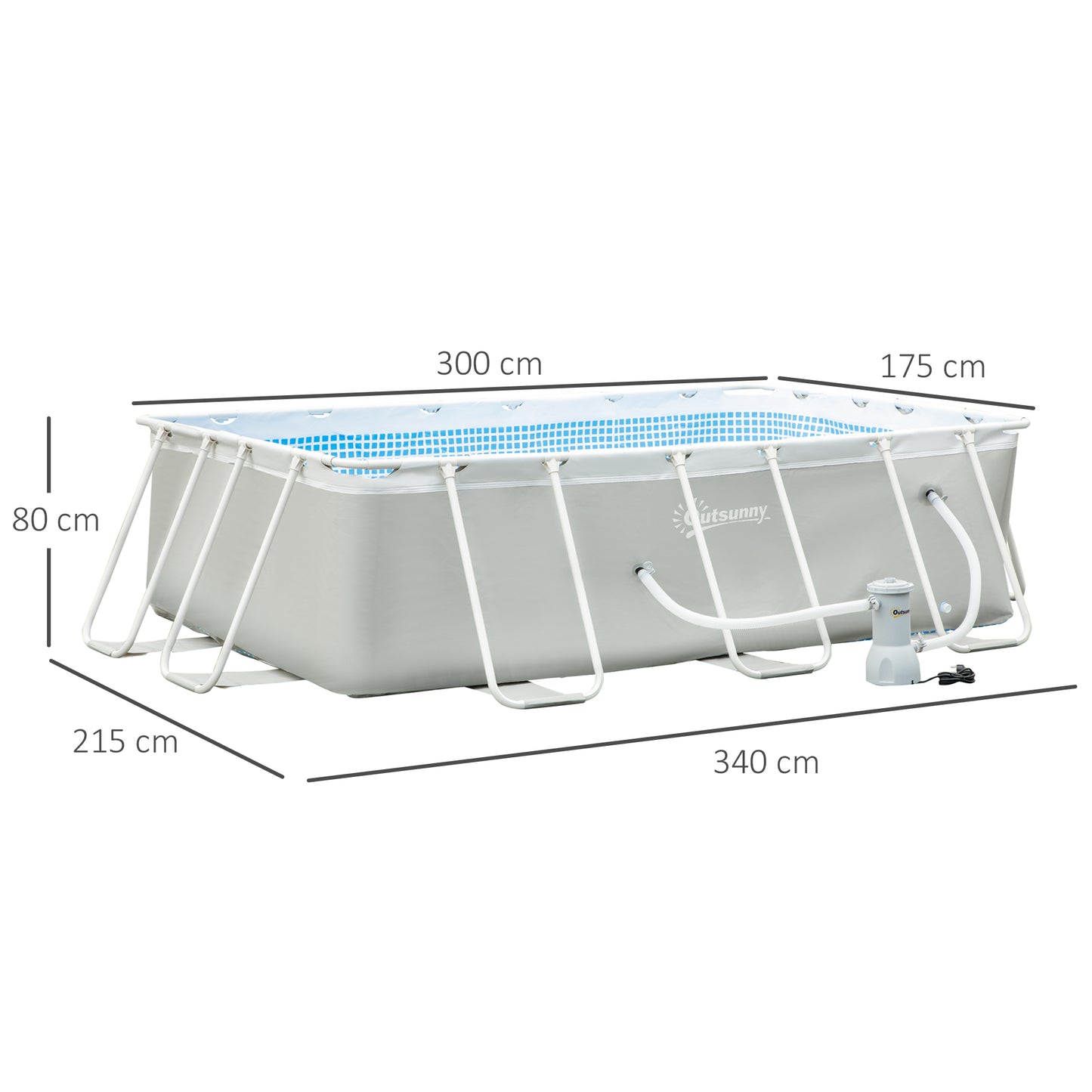 Outsunny Piscina Desmontável Tubular 340x215x80cm Piscina Retangular de Exterior com Purificador 4.000L/H Mangueiras de Comprimento 100cm e Estrutura de Aço 4200L Cinza