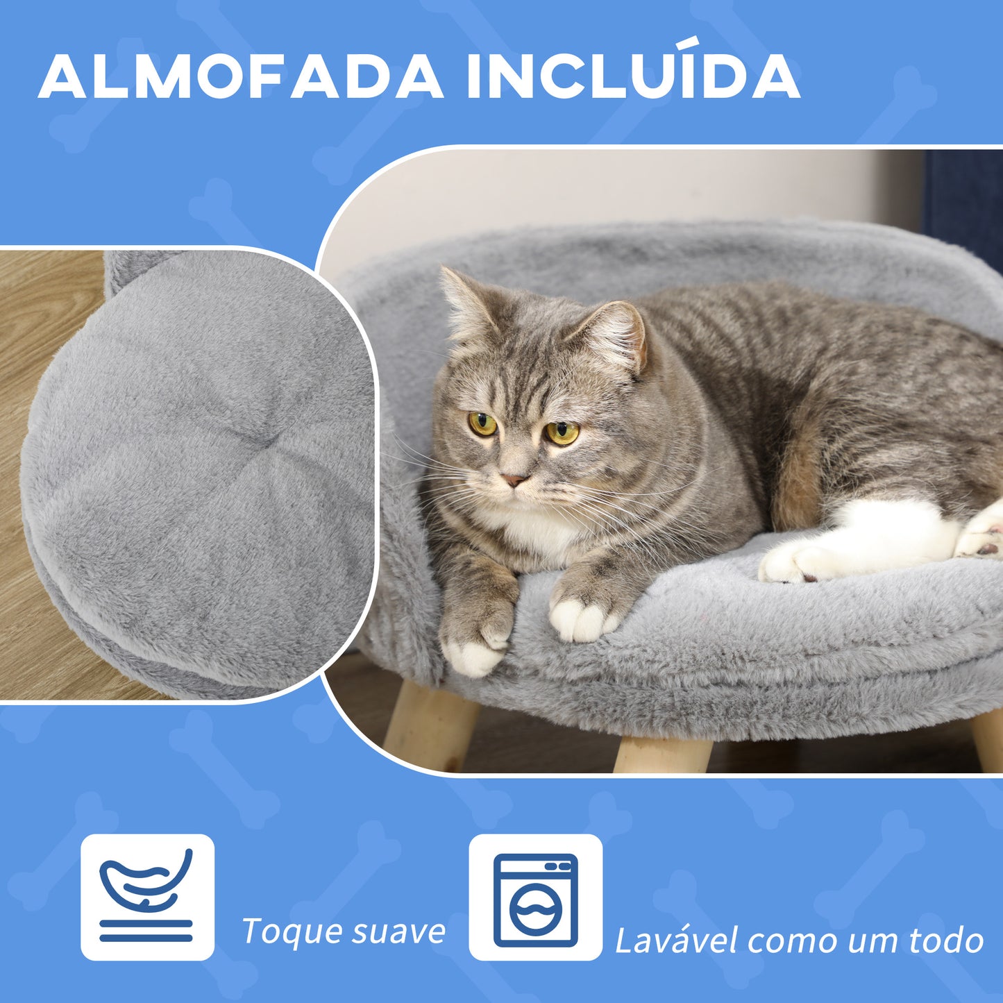 PawHut Cama Elevada para Cães Cama para Cães Mini com Almofada Lavável e Estrutura de Madeira e Almofadas Antiderrapantes para Interior Ø40,5x33 cm Cinza