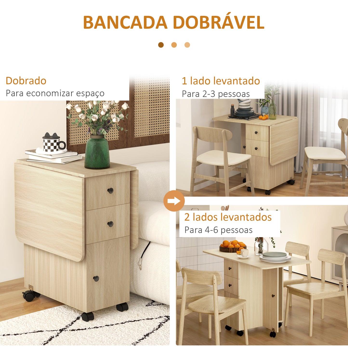 Mesa de Jantar Dobrável "Porto" com Rodas – 120x60x76,5 cm – Madeira – Design Multifuncional