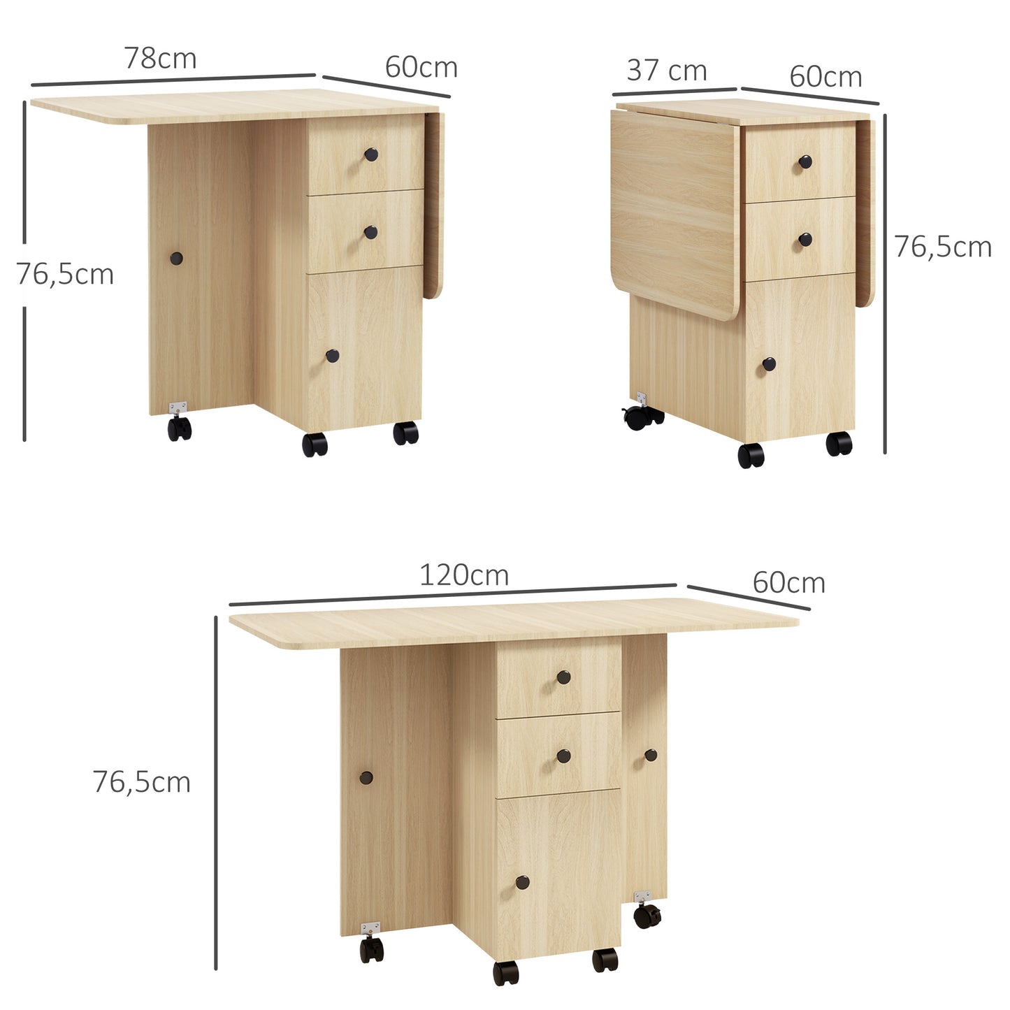 Mesa de Jantar Dobrável "Porto" com Rodas – 120x60x76,5 cm – Madeira – Design Multifuncional