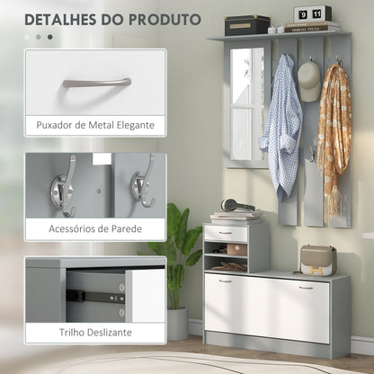 Conjunto de Entrada Dhyana Cinza/Branco - Sapateira, Espelho e Cabide - Design Contemporâneo