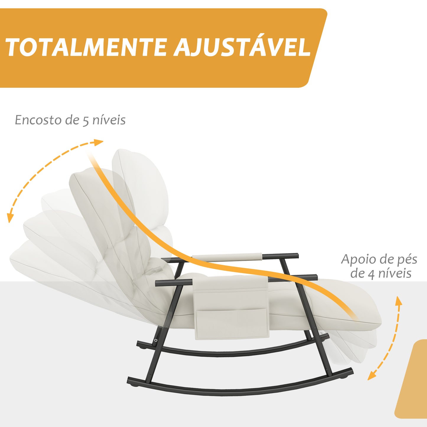 HOMCOM Poltrona Baloiço com Encosto e Apoio para os Pés Ajustáveis Poltrona Baloiço para Sala Estofada em Microfibra com Bolso para Quarto 60x134x70 cm Creme