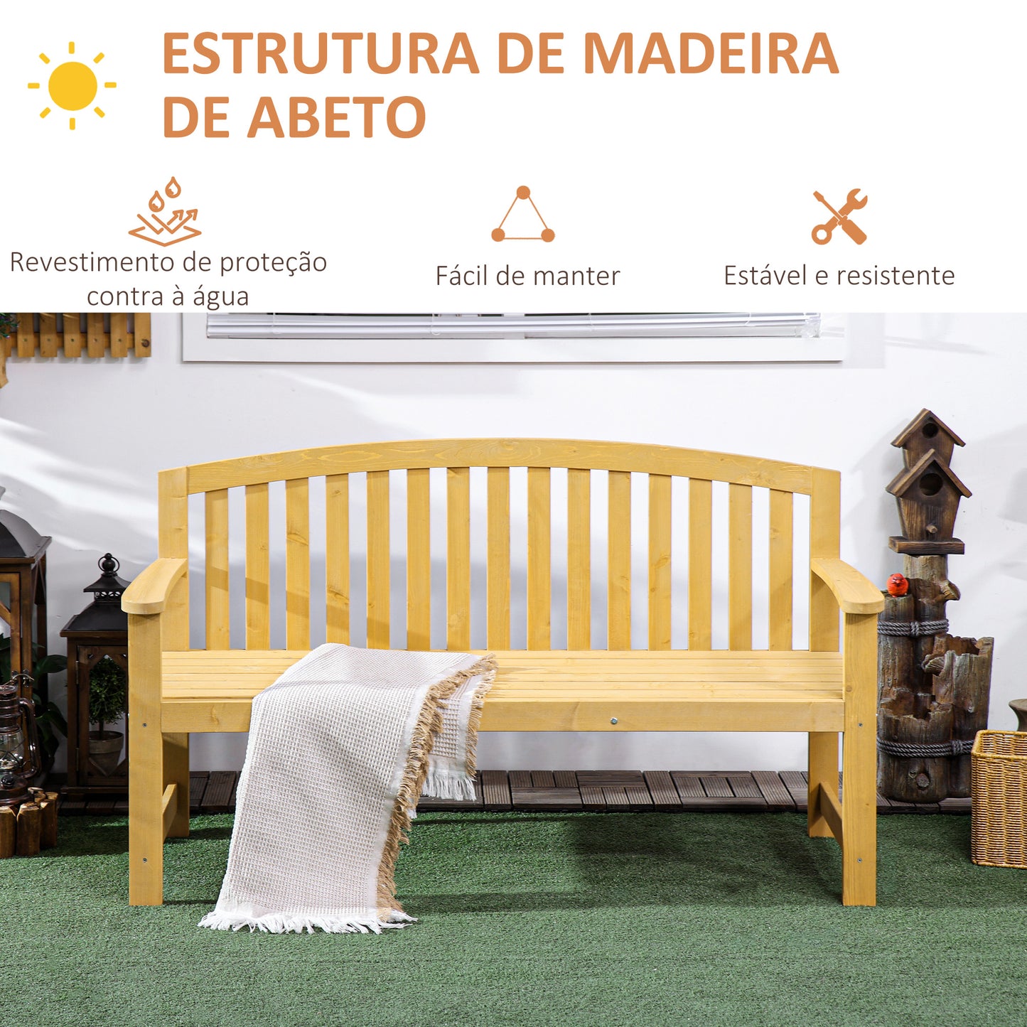 Outsunny Banco de Jardim de 2 Lugares Banco de Ripas de Madeira com Encosto Apoio para os Braços Terraço Varanda Exterior Carga 240 kg 143x51x85 cm Madeira