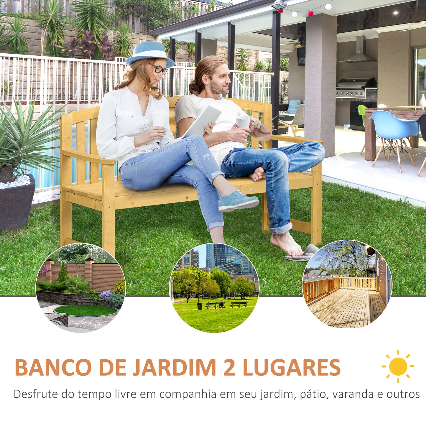 Outsunny Banco de Jardim de 2 Lugares Banco de Ripas de Madeira com Encosto Apoio para os Braços Terraço Varanda Exterior Carga 240 kg 143x51x85 cm Madeira