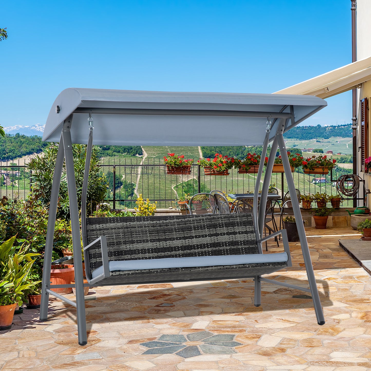 Outsunny Baloiço de Jardim de Vime PE com 3 Lugares Estrutura de Metal Almofada Toldo Ajustável Balcão Terraço Patio Carga Máx. 360kg 198x124x179cm Cinza