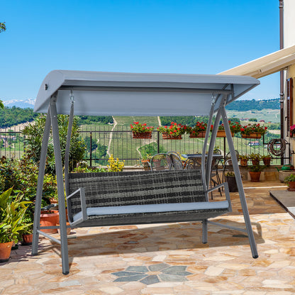 Outsunny Baloiço de Jardim de Vime PE com 3 Lugares Estrutura de Metal Almofada Toldo Ajustável Balcão Terraço Patio Carga Máx. 360kg 198x124x179cm Cinza