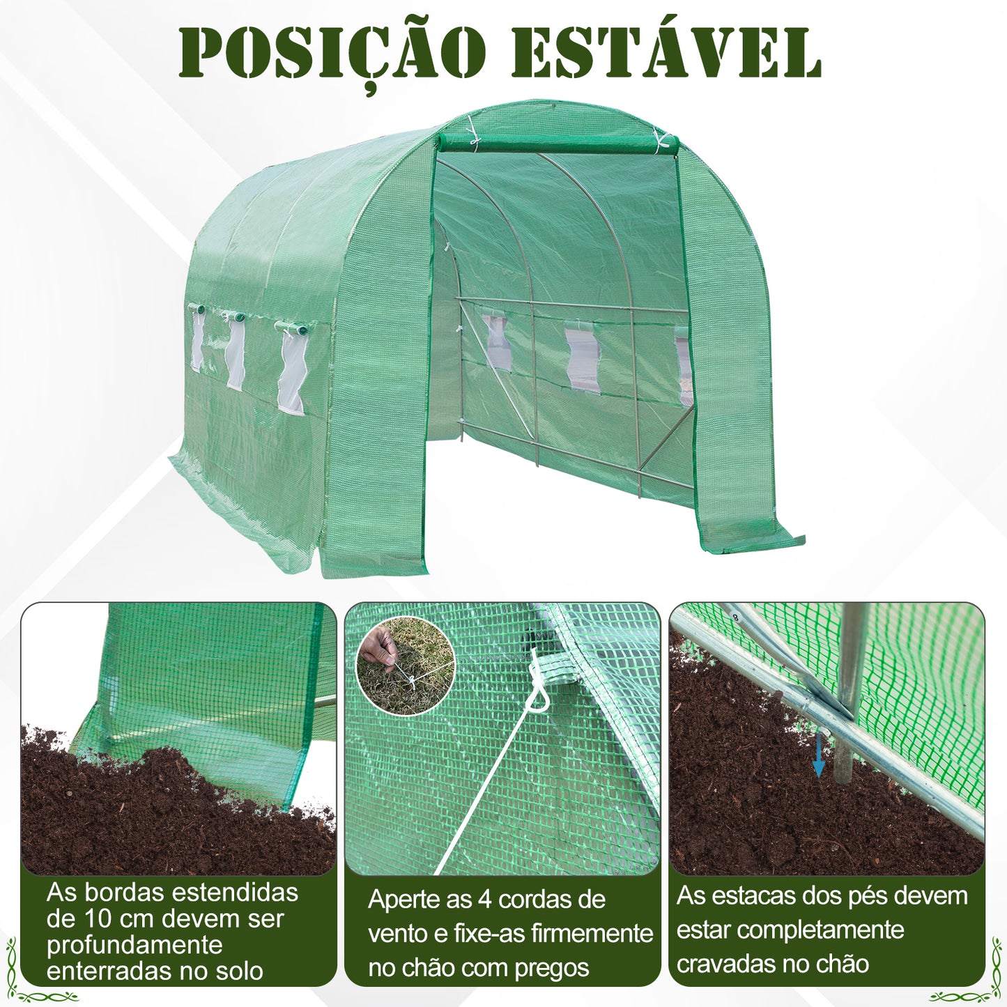 Outsunny Estufa Túnel 445x190x200 cm Estufa de Jardim com 6 Janelas 1 Porta e Cobertura de Polietileno PE 140 g/m² para Cultivo de Plantas Legumes Frutas no Terraço Pátio Verde