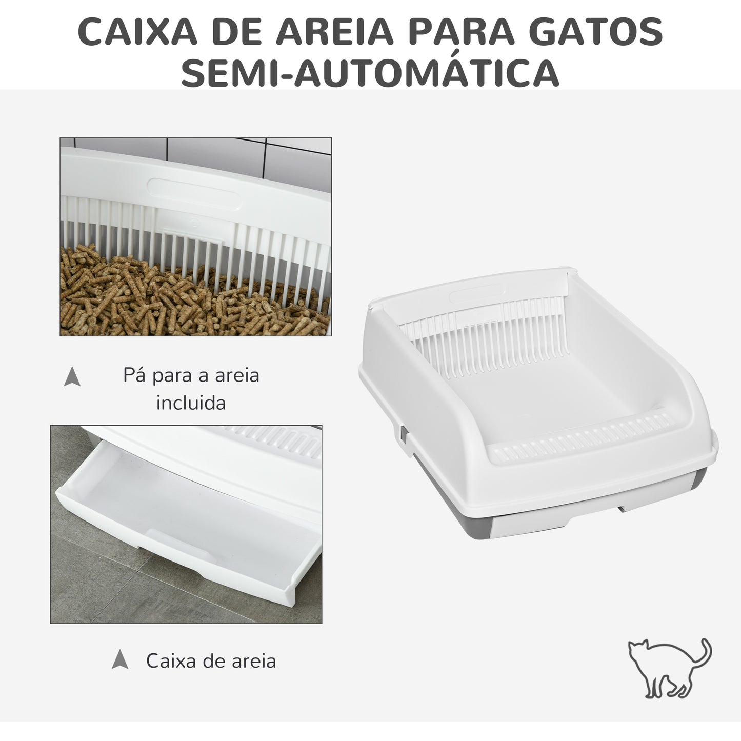 PawHut Caixa de Areia para Gatos Caixa de Areia Aberta Semi-Automática com Botão Ancinho Bandeja Removível e Borda Alta 62x46,5x19,5cm Branco