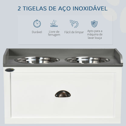 PawHut Comedouro Elevado para Cães Comedouro para Cães com 2 Tigelas 2000ml de Aço Inoxidável Gaveta Oculta com Suporte de Madeira para Animais de Estimação 60x30x36cm Branco