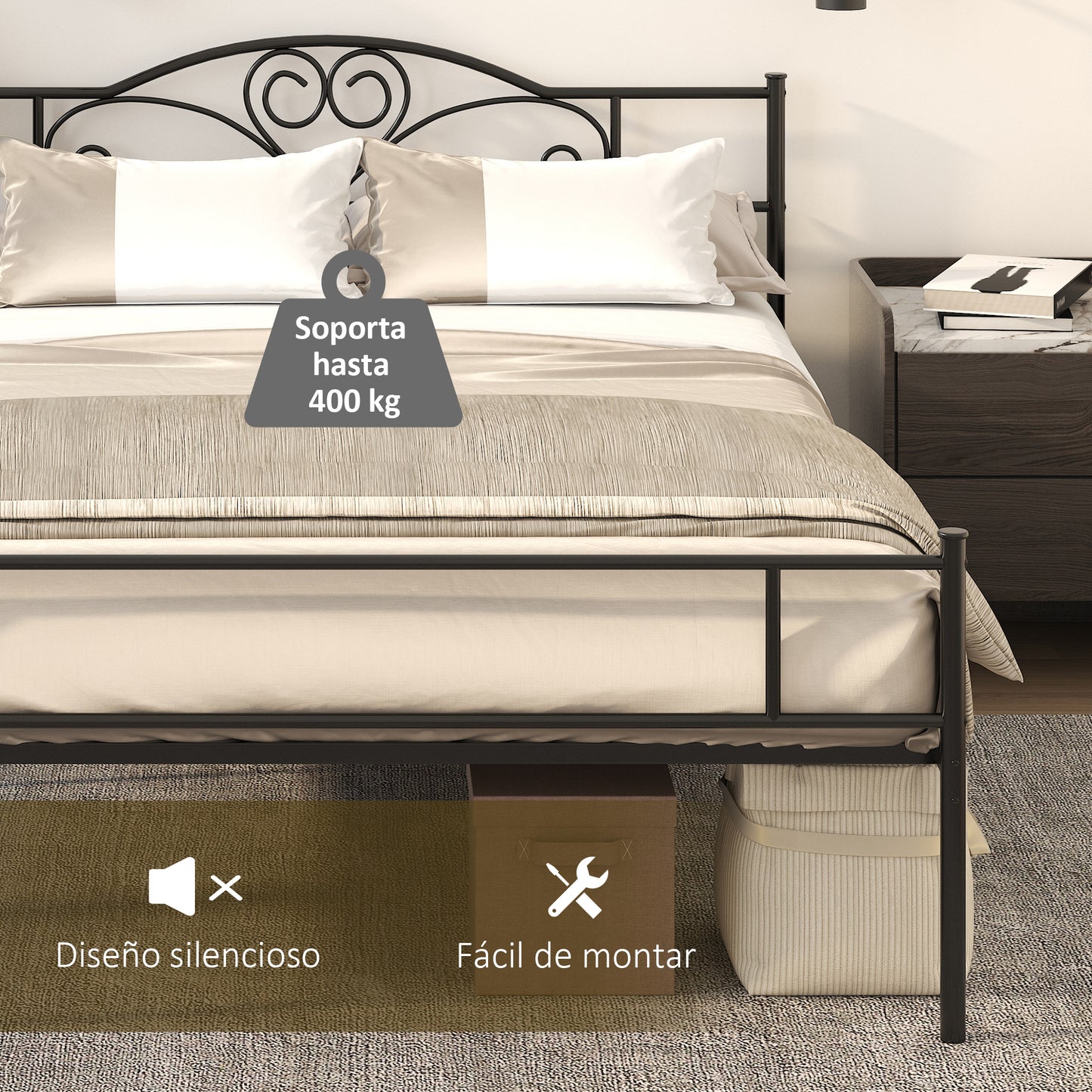 HOMCOM Estrutura de Cama Dupla de Metal para Colchão 150x200cm com Cabeceira e Pés de 31cm Estrutura de Cama de Casa com Espaço em Baixo de Armazenamento 158x211x106cm Preto