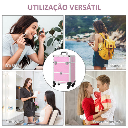 HOMCOM Mala de Maquilhagem Profissional com Gaveta Mala de Maquilhagem com Rodas para Viagem Trabalho 34x25x62 cm Rosa