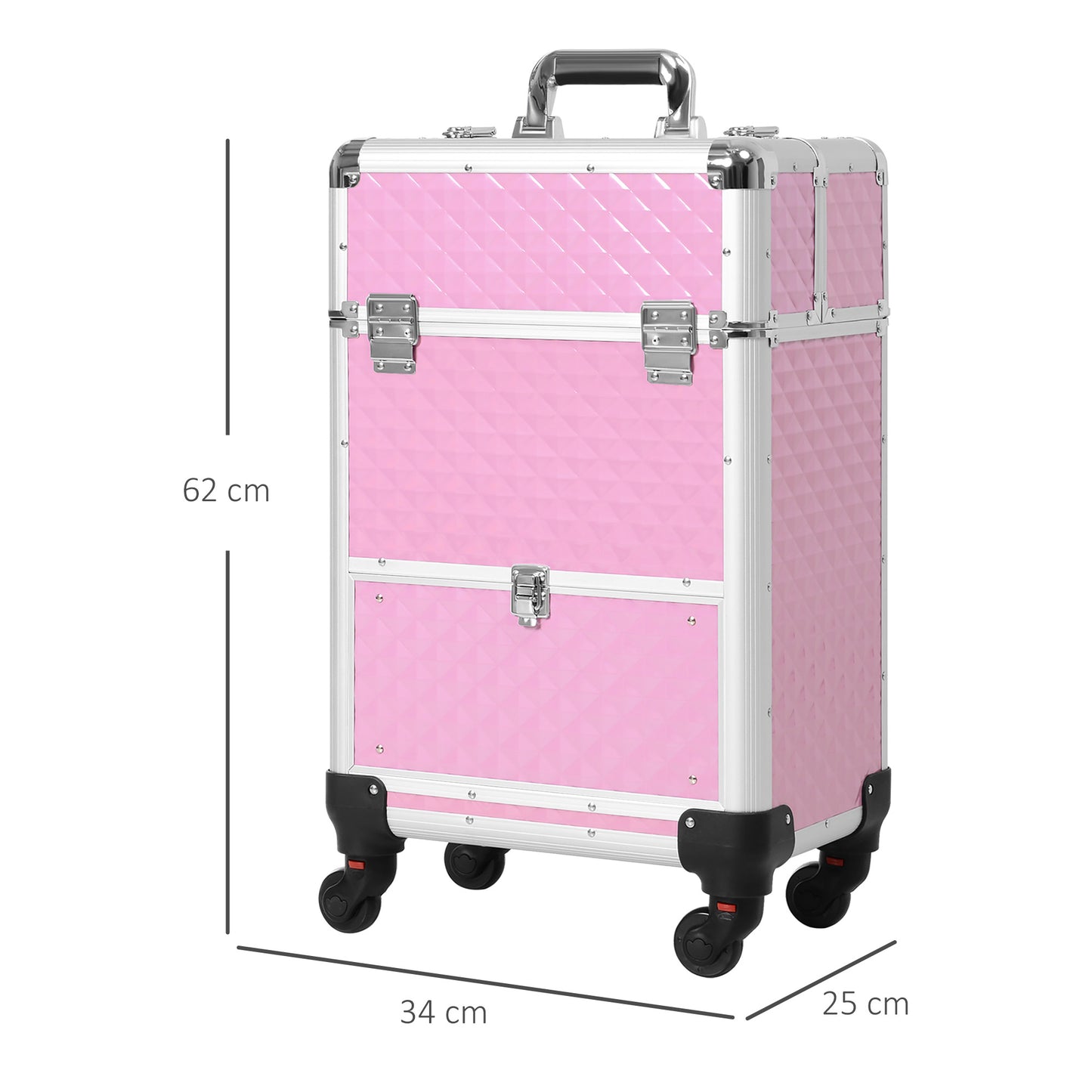 HOMCOM Mala de Maquilhagem Profissional com Gaveta Mala de Maquilhagem com Rodas para Viagem Trabalho 34x25x62 cm Rosa