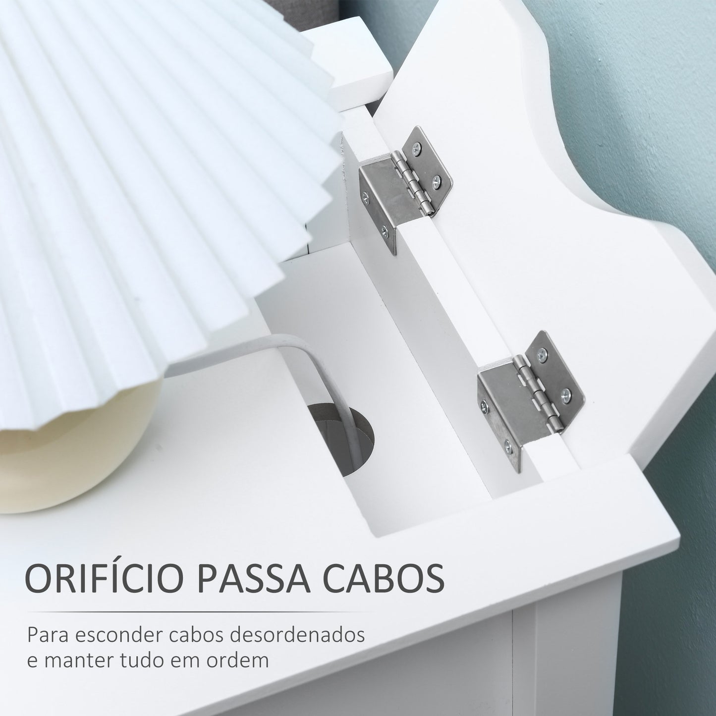 HOMCOM Mesa Auxiliar Mesa Lateral com Tampa Abatível Prateleira de Armazenamento e Orifício para Cabos Oculto para Sala de Estar Dormitório 60,5x32,5x70cm Branco