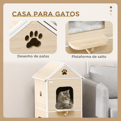 PawHut Casa para Gatos de Madeira Casa para Gatos de 2 Níveis Estilo Cabana com 2 Almofadas Laváveis e Plataforma Lateral 47x40x90 cm Madeira e Branco