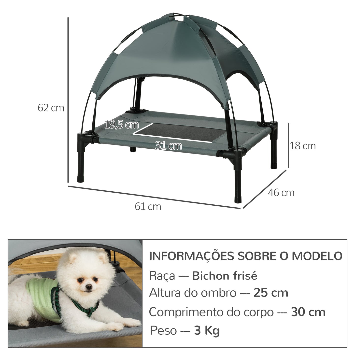 PawHut Cama Elevada para Animais de Estimação Portátil com Toldo Amovível Tecido Respirável para Interior e Exterior 61x46x62 cm Cinza