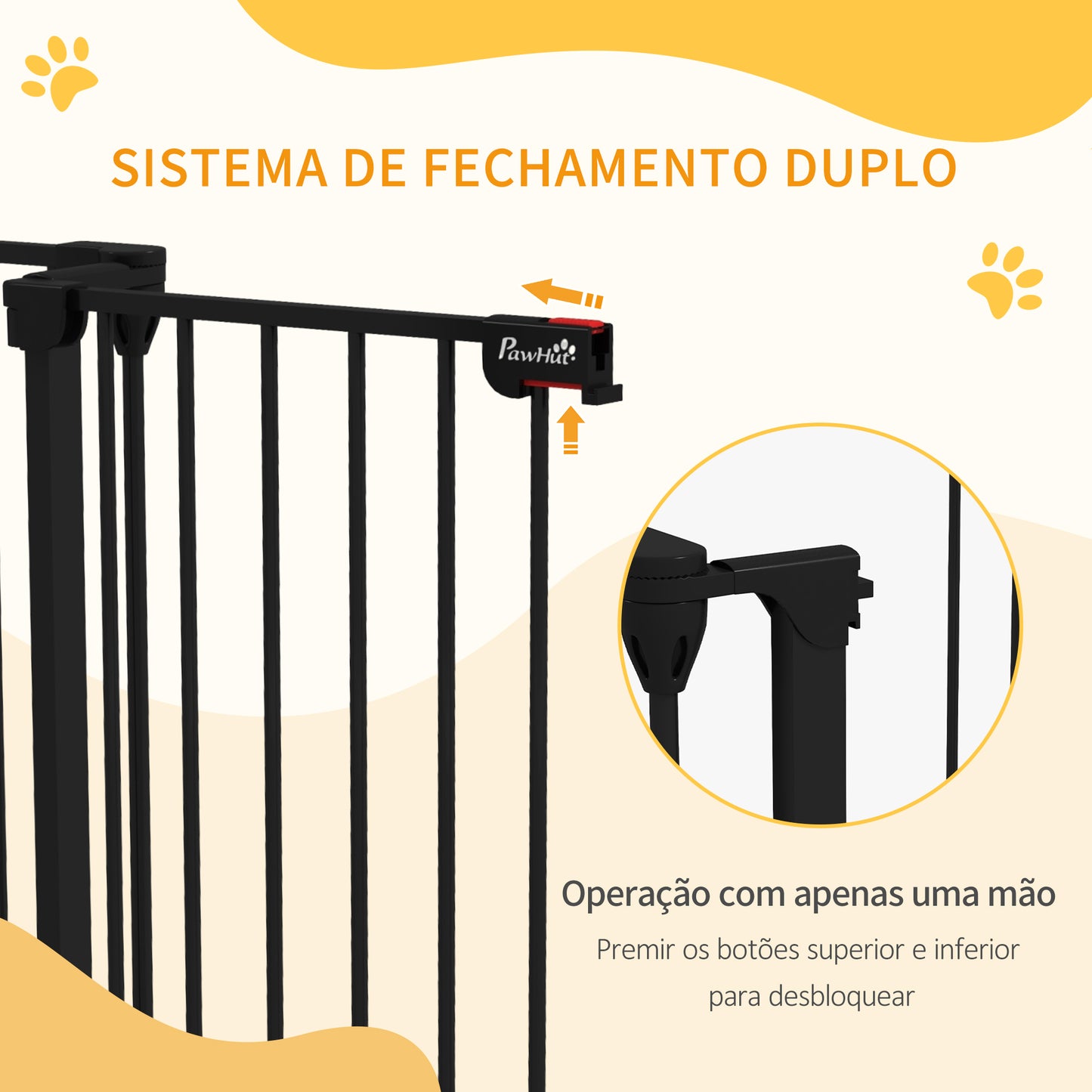 PawHut Barreira para Cães de Aço Barreira de Segurança para Animais de Estimação Dobrável de 3 Painéis Duplo Fechamento e Função de Bloqueio Auxiliar para Porta Escada 206x90 cm Preto