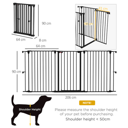 PawHut Barreira para Cães de Aço Barreira de Segurança para Animais de Estimação Dobrável de 3 Painéis Duplo Fechamento e Função de Bloqueio Auxiliar para Porta Escada 206x90 cm Preto