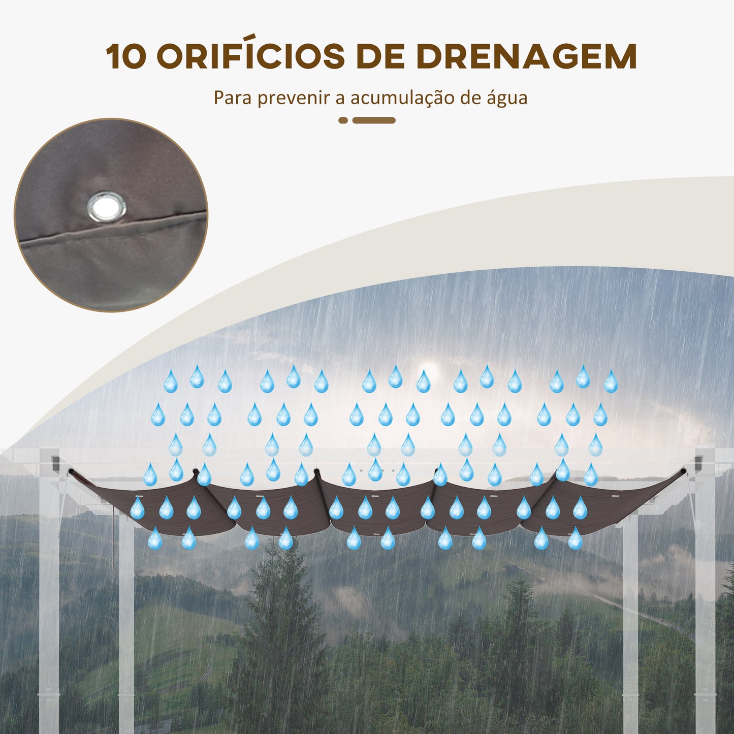 Outsunny Cobertura para Pérgola 2,5x2,55cm Teto de Substituição Retrátil para Pérgola com 10 Orifícios de Drenagem Café