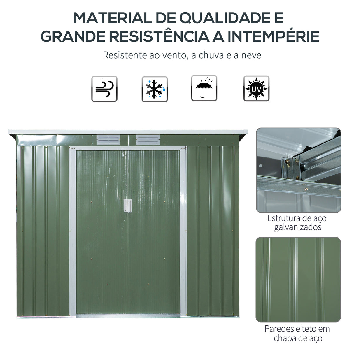 Abrigo de Jardim Metálico – 213x130x173 cm – Com Porta de Correr, Ventilações e Estrutura Resistente – Verde Claro