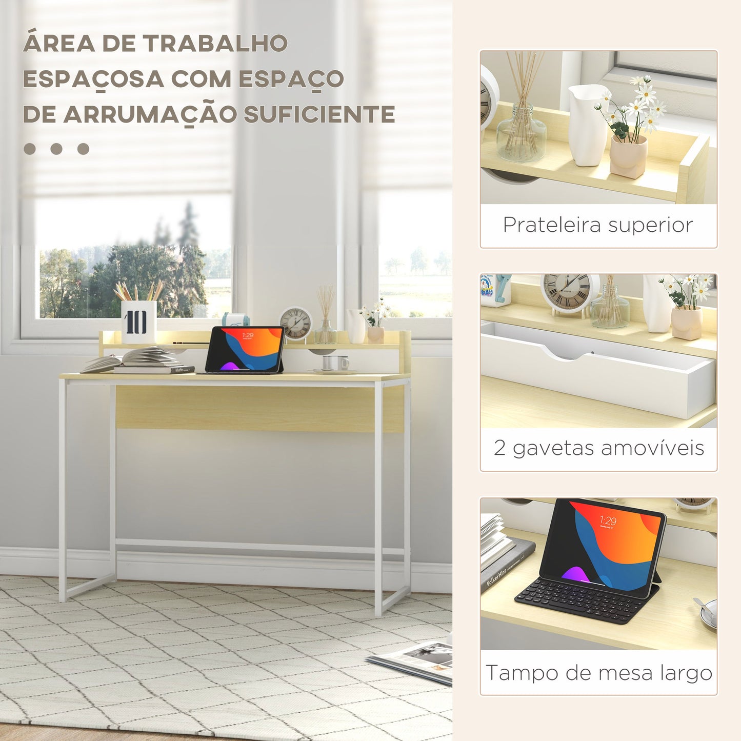 HOMCOM Secretária Moderna Mesa para Escritório Mesa de Computador com Estante de Armazenamento e 2 Gavetas Removíveis 106x50x89 cm Branco