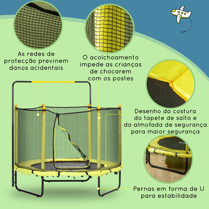 ZONEKIZ Trampolim Infantil Ø110 cm Trampolim para Crianças de 1-10 Anos com Rede de Segurança Barra Ajustável para Interior e Exterior Ø140x120-140 cm Amarelo