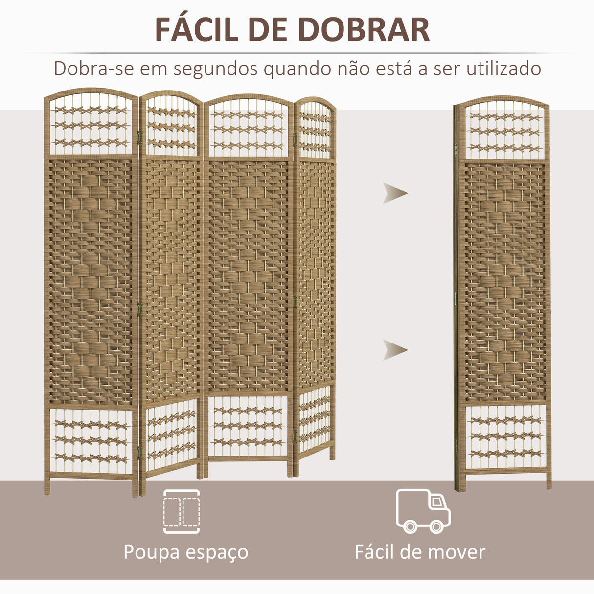 HOMCOM Biombo de 4 Painéis Separador de Ambientes 160x170 cm Divisor de Habitação Dobrável de Corda de Papel e Estrutura de Madeira Decoração para Dormitório Sala de Estar Natural