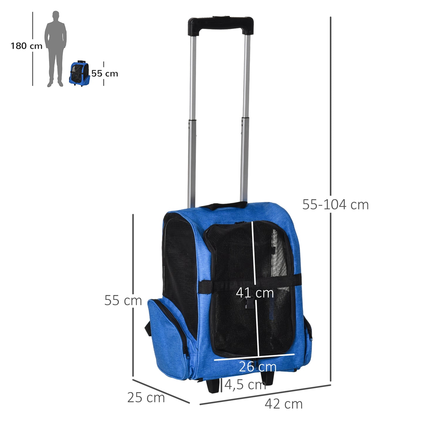 PawHut Transportadora Carrinho para Animais de Estimação 2 em 1 Mochila de Viagem com 2 Rodas para Cães Gatos com Alça Retrátil de Alumínio e Bolso de Armazenamento 42x25x55cm Azul