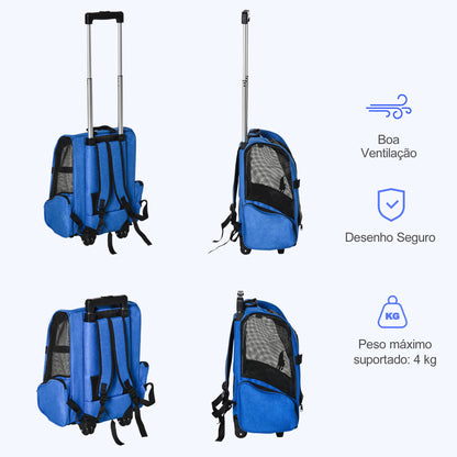 PawHut Transportadora Carrinho para Animais de Estimação 2 em 1 Mochila de Viagem com 2 Rodas para Cães Gatos com Alça Retrátil de Alumínio e Bolso de Armazenamento 42x25x55cm Azul