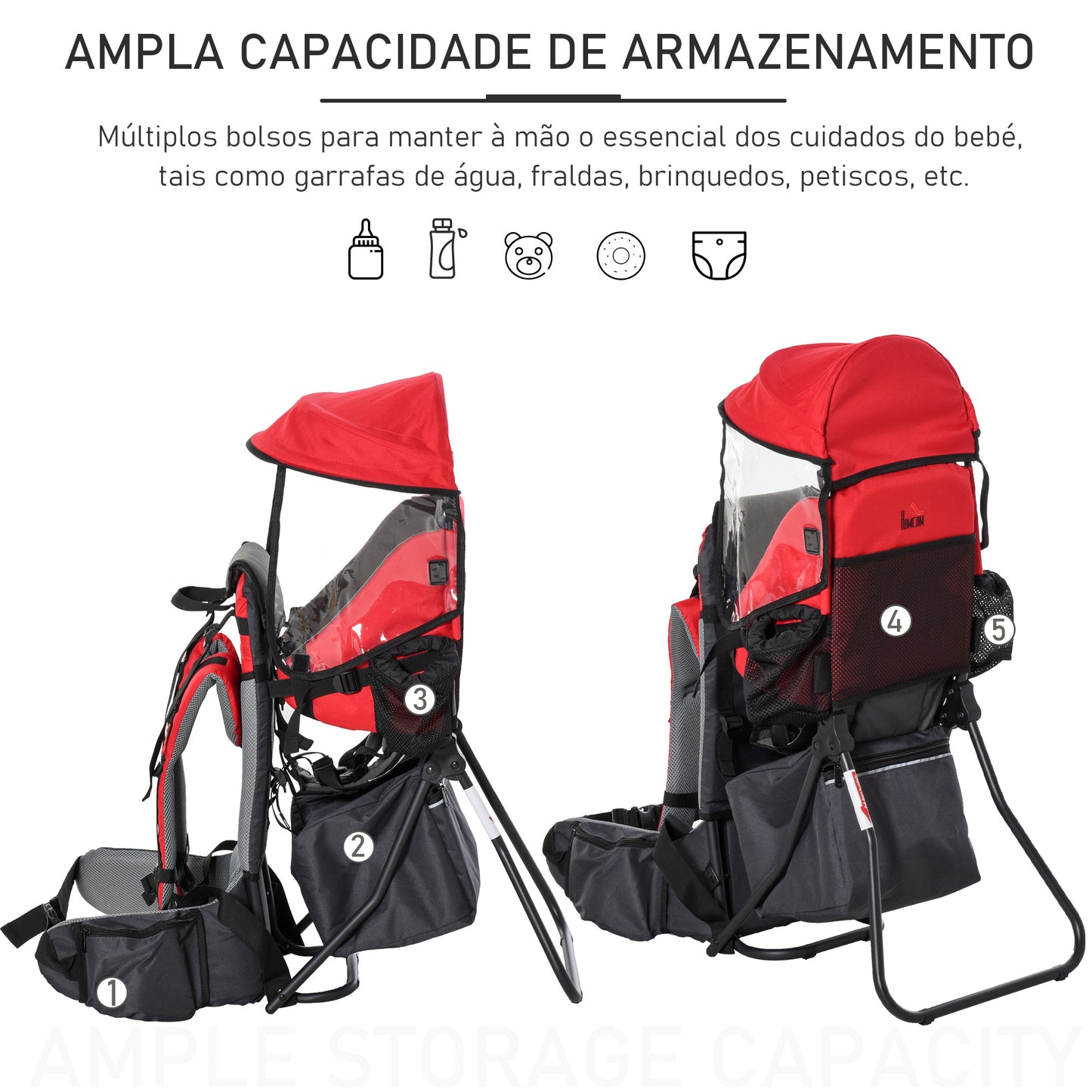 HOMCOM Mochila Porta Bebés Dobrável Mochila Porta Bebés Ergonómica com Capa Impermeável Base de Suporte e Múltiplos Bolsos para 6-36 Meses Carga Máxima 15kg 38x77x87,5cm Vermelho