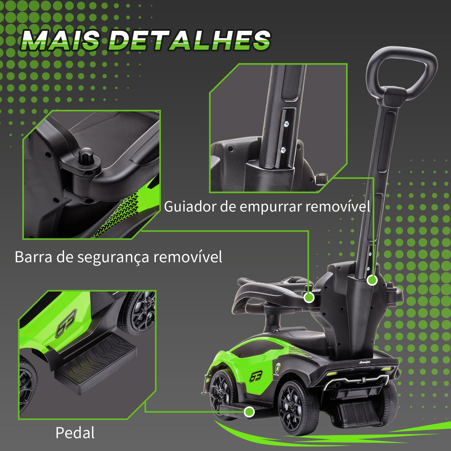 AIYAPLAY 2 em 1 Carro Andador para Crianças 12-36 Meses Lamborghini Essenza SCV2 Carro Andador com Buzina Guiador e Grade de Segurança Removível 86,5x40x89,5cm Verde e Preto