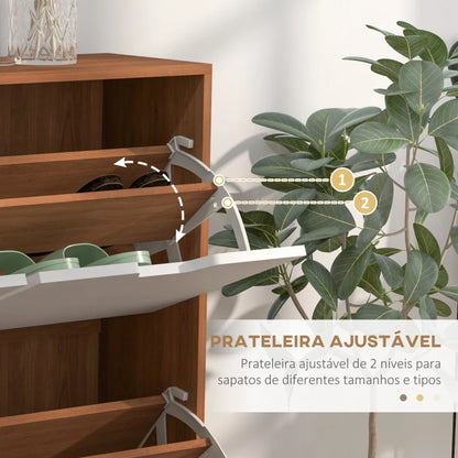 Sapateira Sidney - Cor Castanho e Branco - Com 4 Portas - 95x26x95 cm  - Melamina de madeira e Madeira de Pinho - Design Moderno