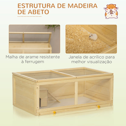 PawHut Gaiola para Hamster de Madeira 100x58x38cm Casa para Roedores com Tampa Abatível Painel de Acrílico Bandeja Amovível e Casa para Coelhos Chinchilas Madeira