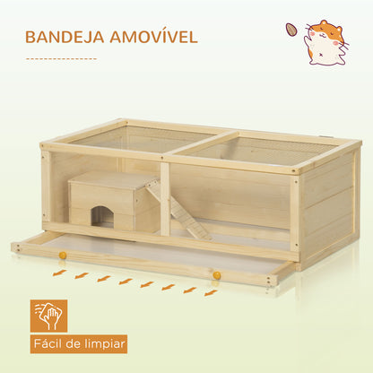 PawHut Gaiola para Hamster de Madeira 100x58x38cm Casa para Roedores com Tampa Abatível Painel de Acrílico Bandeja Amovível e Casa para Coelhos Chinchilas Madeira